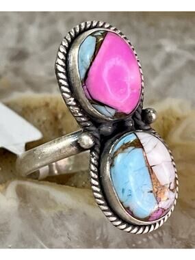 Sterling Silver Kingman Cotton Candy Dahlia Turquoise 2 Stone Ring Handmade